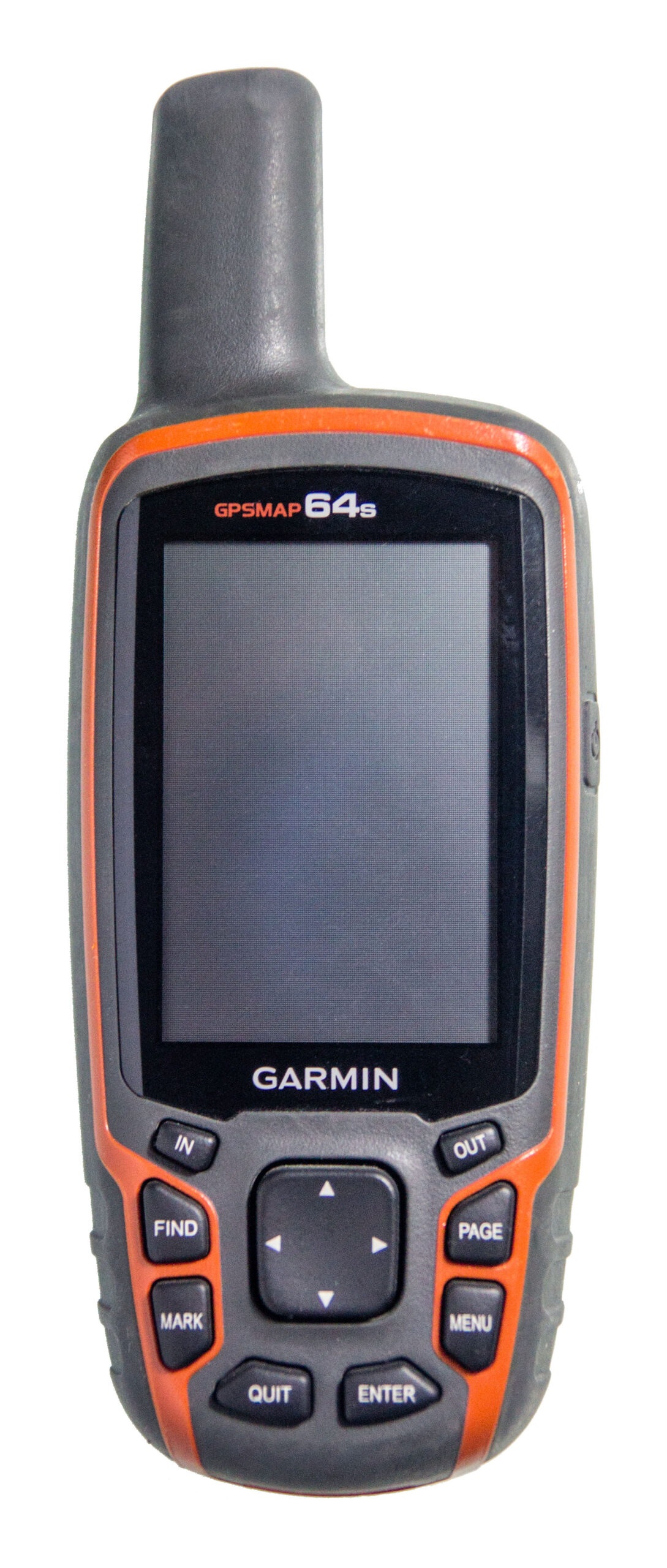 Front view of a Garmin GPSMAP 64s handheld GPS receiver with a screen, keypad and antenna.