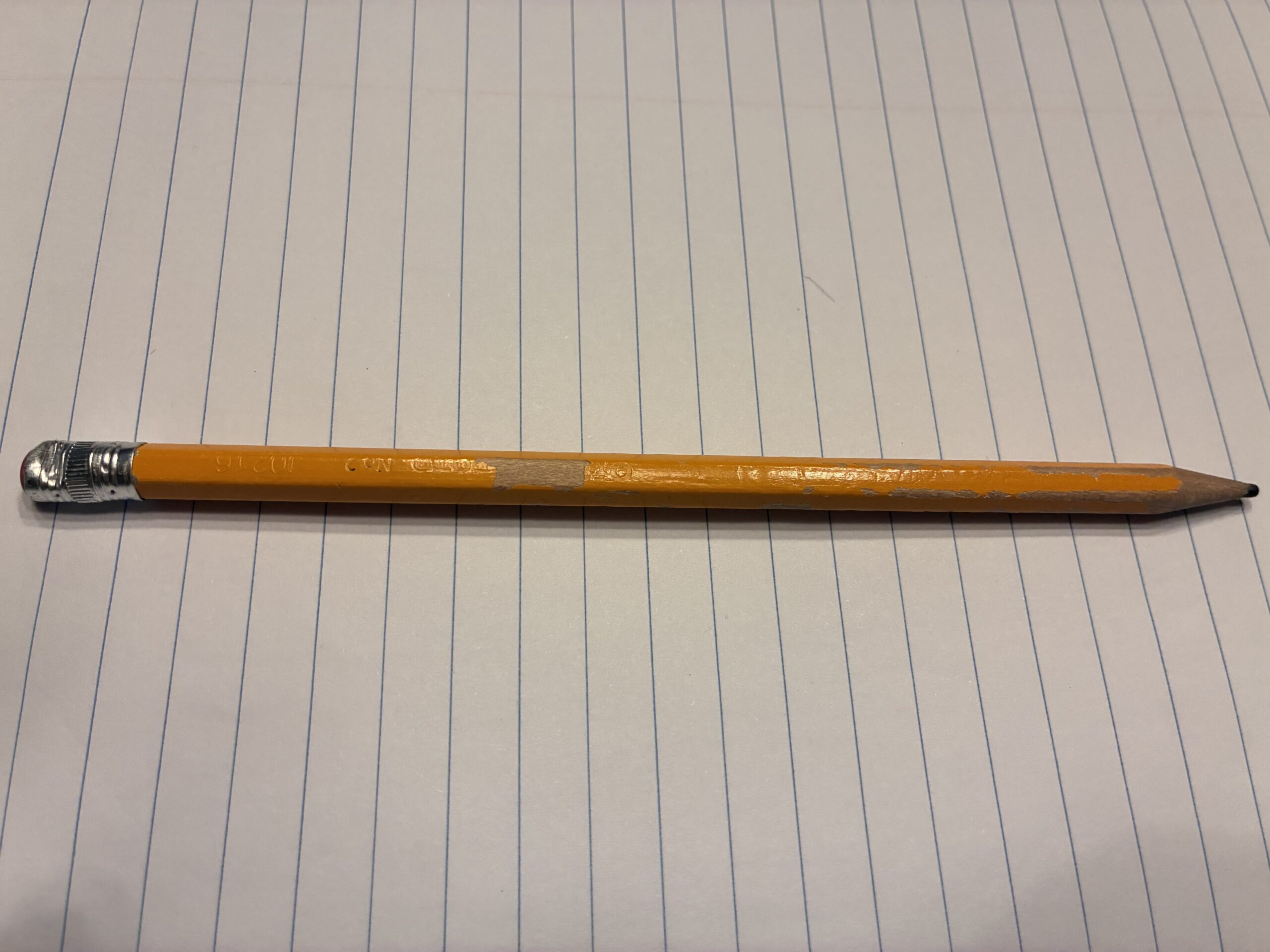 Yellow pencil resting across a lined notebook page.
