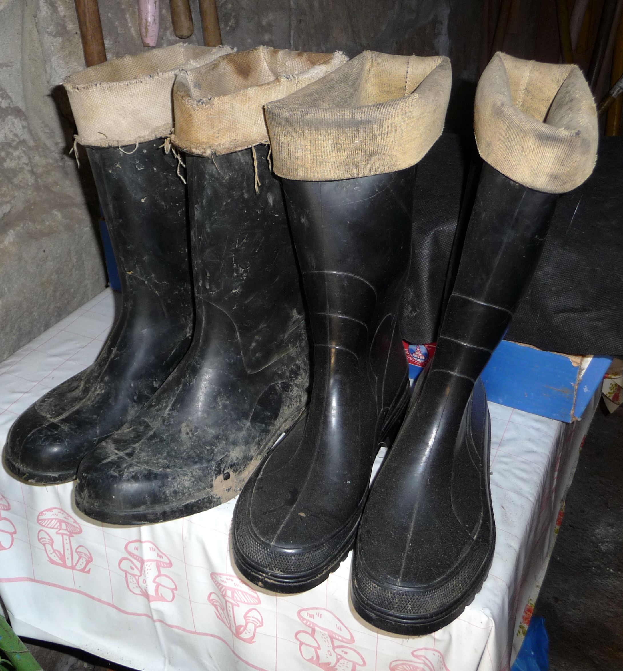 Two pairs of black rubber boots with light-colored fabric cuffs, standing side by side.